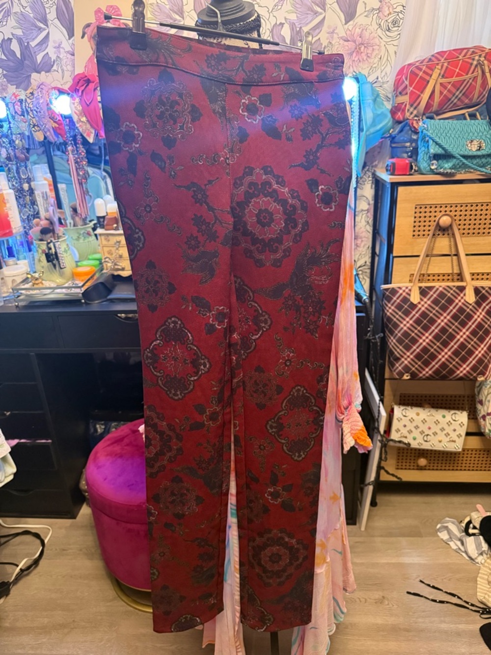 Urban Outfitters Burgundy & Black Floral Wide-Leg Pants